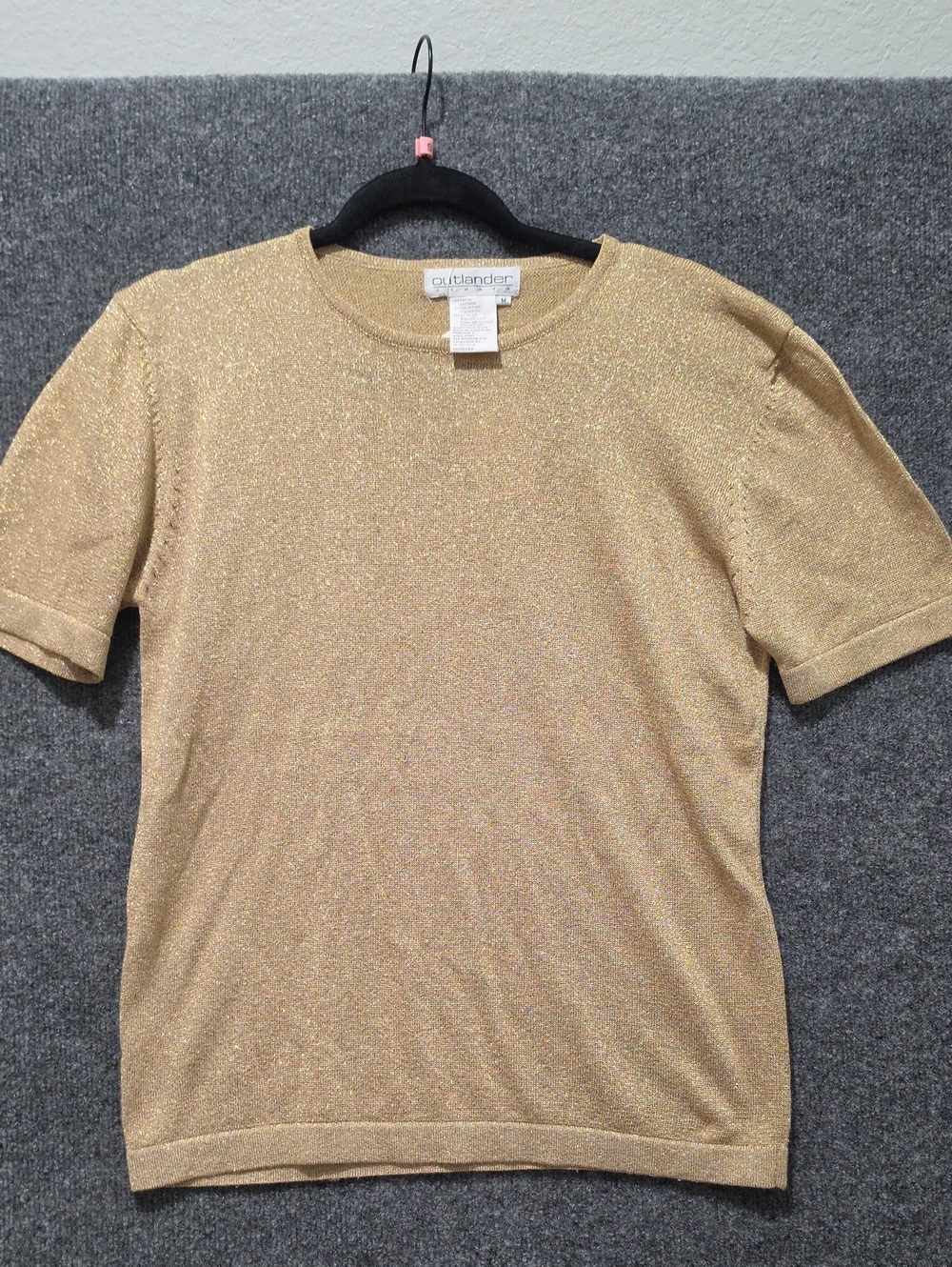 VS02. Vintage 90s Outlander Studio Metallic Gold Rayon Knit Short Sleeve Top M